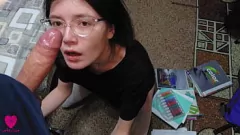 Play Petite Brunette Teen Does Homework with Intense Deepthroat Blowjob