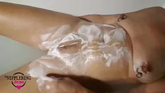 Play Pierced MILF Wife's Shaved Pussy Extreme Nipple Play in Bathtub