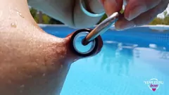 Play Pierced MILF Mom's Extreme Nipple Stretching in See-Through Swimsuit