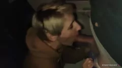 Play Blonde Emily Candys Swallows Cum in Public Train Blowjob