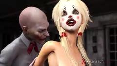 Play 3D Animated Clown Mask Freak Fucks Sweaty Blonde's Shaved Pussy