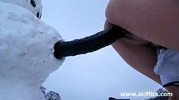 Play Crazy slut fucks a toilet brush and huge dildo in the snow