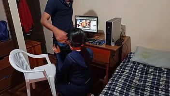 Play Stepmother discovers me: I'm masturbating in my room when suddenly my stepmother comes in and sees me watching porn, she can't stand it and screams for my cock